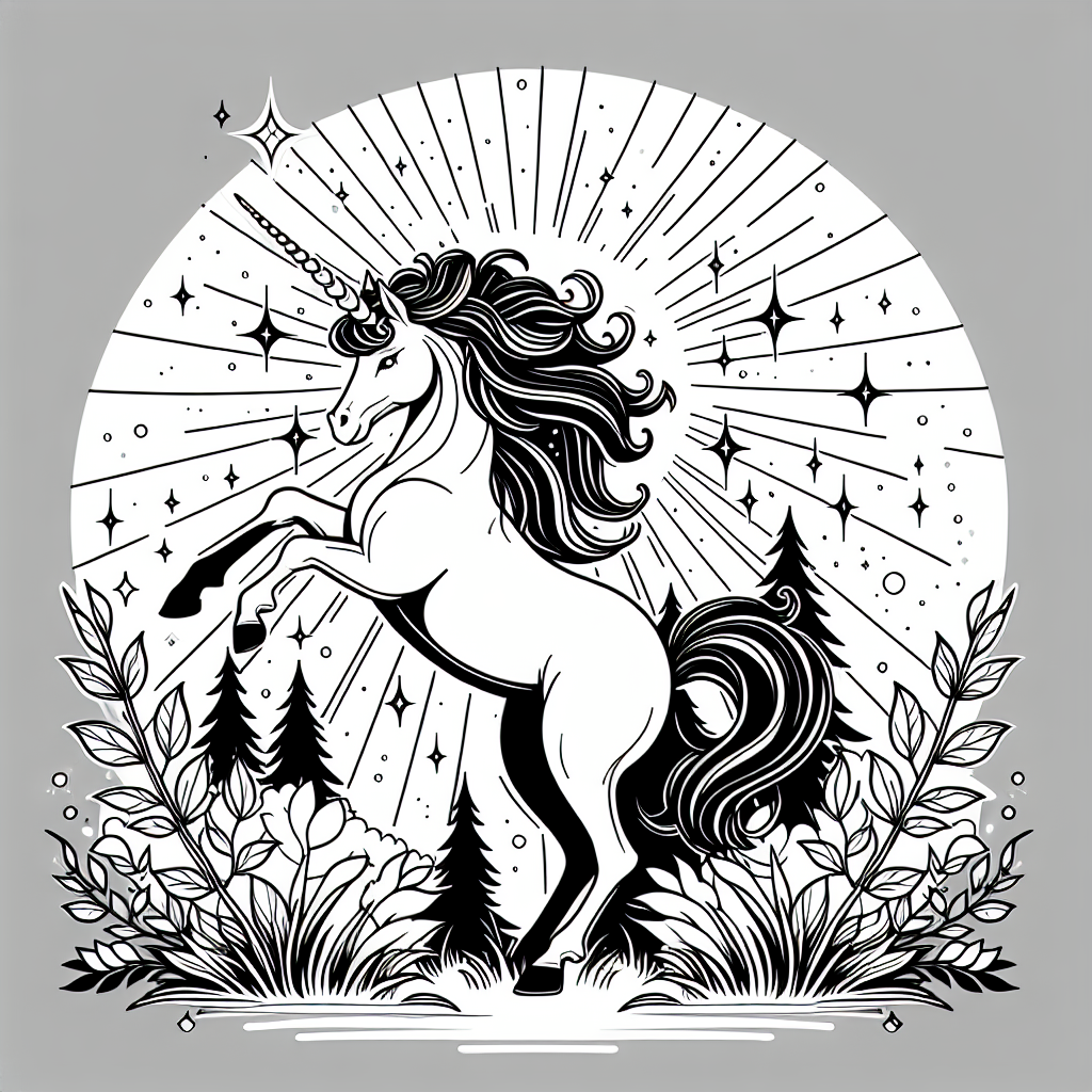 Coloring page of a unicorn, guardian of the forest rearing majestically