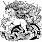 Coloring page of a unicorn, guardian of the forest running in the waves