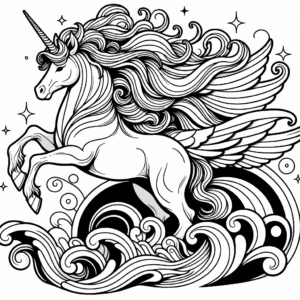 Coloring page of a unicorn, guardian of the forest running in the waves