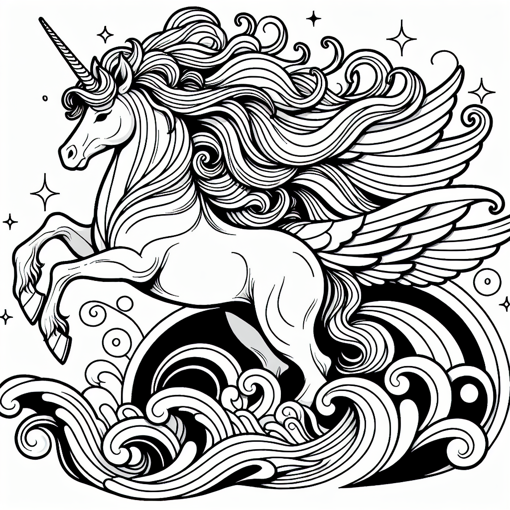 Coloring page of a unicorn, guardian of the forest running in the waves