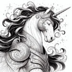 Page à colorier d’une licorne, être magique contemplant les étoiles