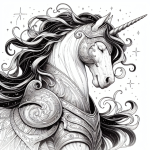Coloring page of a unicorn, magical being gazing at the stars