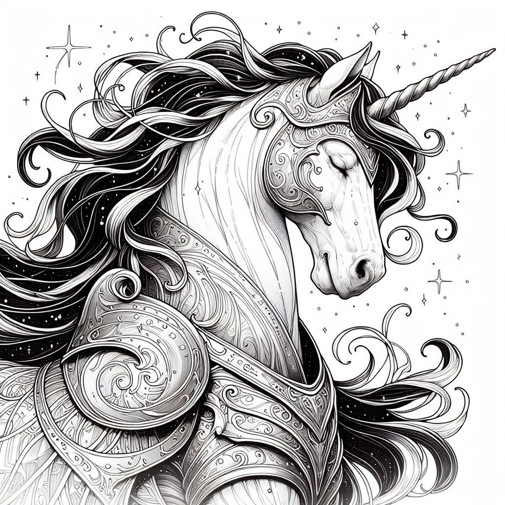 Coloring page of a unicorn, magical being gazing at the stars