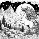 Coloring page of a unicorn, moonlight wanderer gliding above mountains