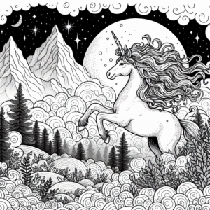 Coloring page of a unicorn, moonlight wanderer gliding above mountains