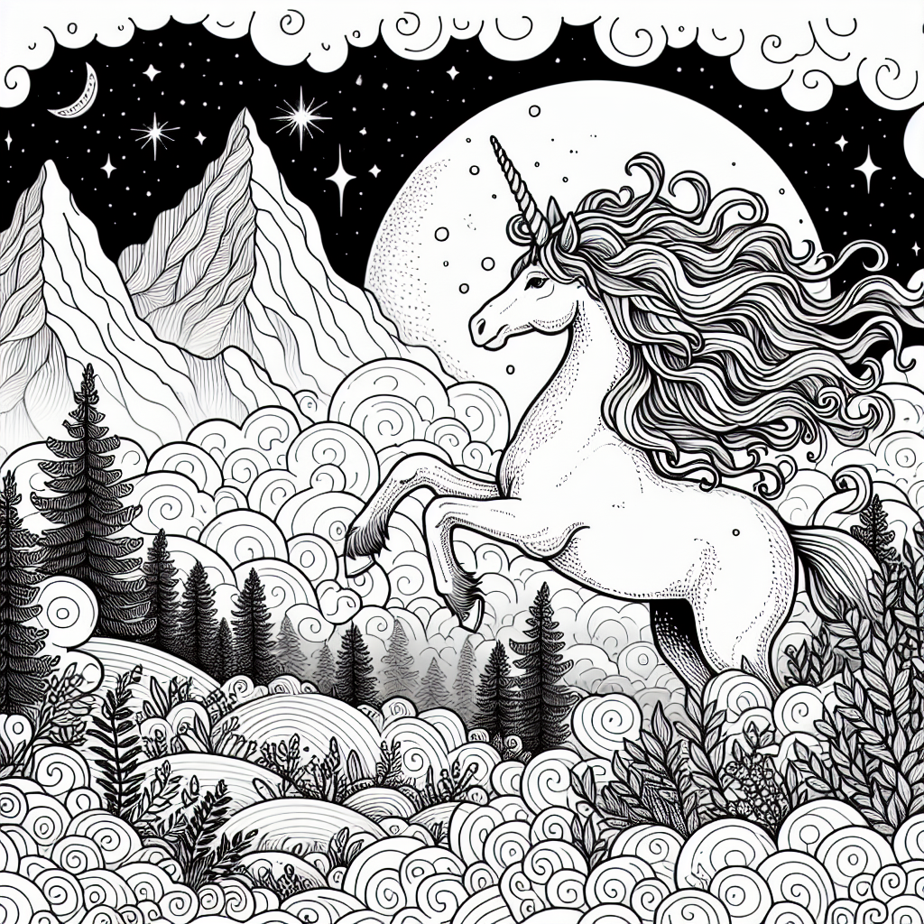 Coloring page of a unicorn, moonlight wanderer gliding above mountains