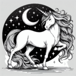 Coloring page of a unicorn, moonlight wanderer posing gracefully