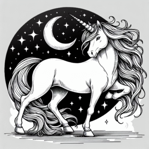 Coloring page of a unicorn, moonlight wanderer posing gracefully