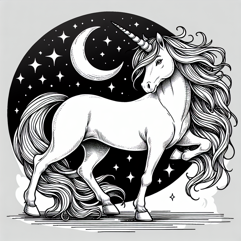 Coloring page of a unicorn, moonlight wanderer posing gracefully