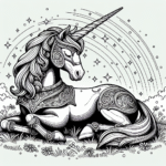 Coloring page of a unicorn, star chaser resting in a meadow