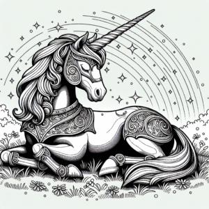 Coloring page of a unicorn, star chaser resting in a meadow