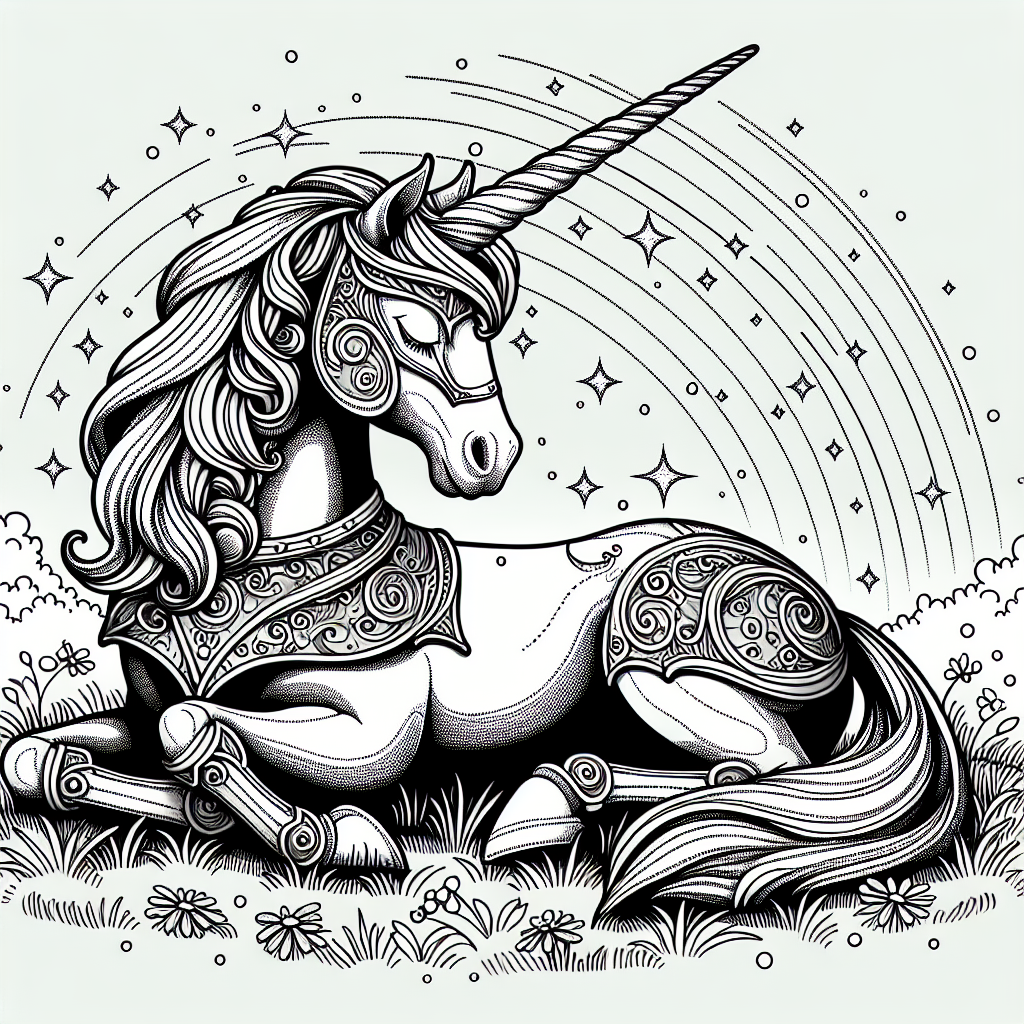 Coloring page of a unicorn, star chaser resting in a meadow