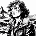 Coloring page of a woman explorer, mountain climber navigating a stormy sea