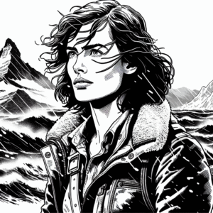 Coloring page of a woman explorer, mountain climber navigating a stormy sea
