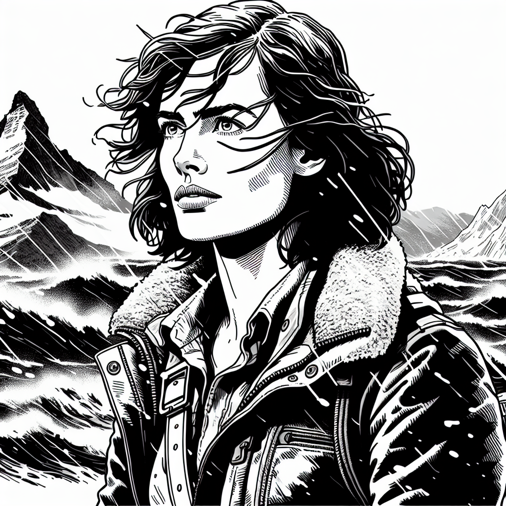 Coloring page of a woman explorer, mountain climber navigating a stormy sea