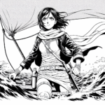 Coloring page of a woman treasure seeker, heroic traveler navigating a stormy sea