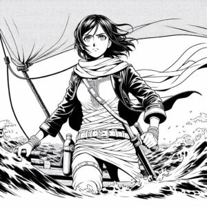 Coloring page of a woman treasure seeker, heroic traveler navigating a stormy sea