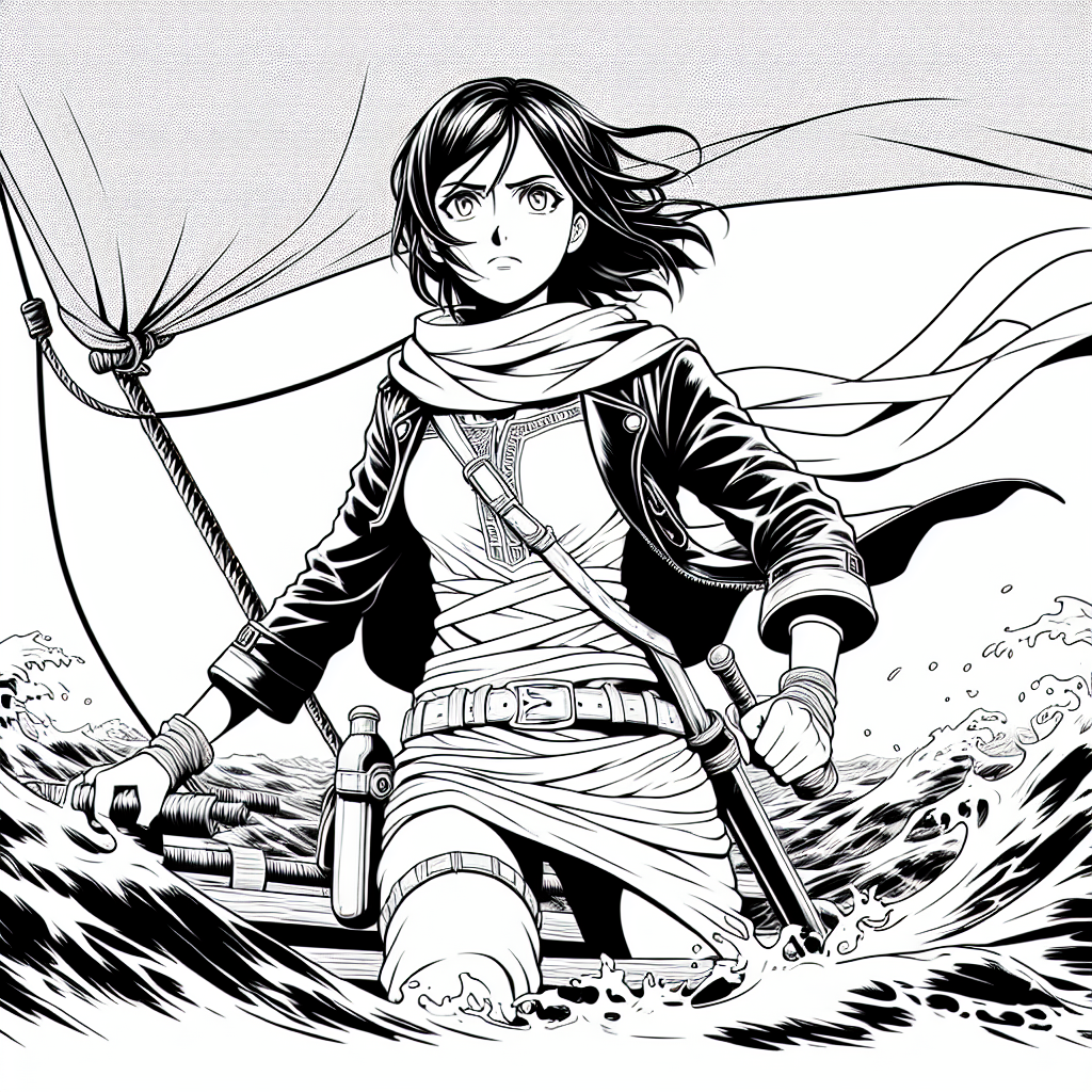 Coloring page of a woman treasure seeker, heroic traveler navigating a stormy sea