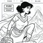 Coloring page of a woman treasure seeker, lost civilization discoverer standing atop a mountain peak