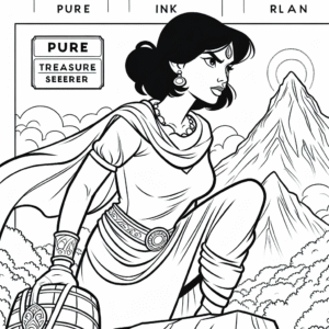 Coloring page of a woman treasure seeker, lost civilization discoverer standing atop a mountain peak