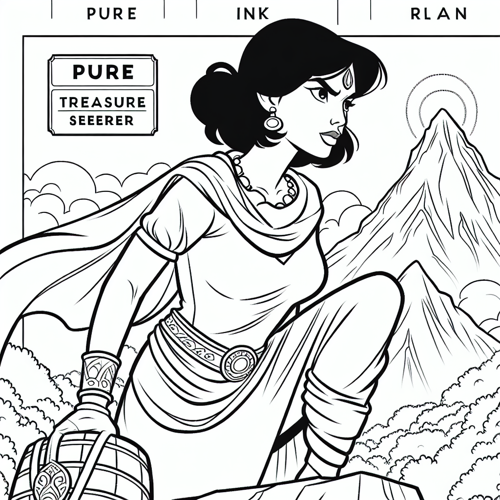 Coloring page of a woman treasure seeker, lost civilization discoverer standing atop a mountain peak