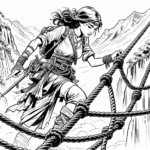 Coloring page of a woman treasure seeker, wilderness survivor crossing a rope bridge