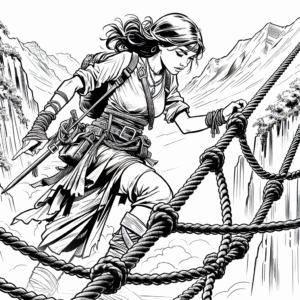 Coloring page of a woman treasure seeker, wilderness survivor crossing a rope bridge