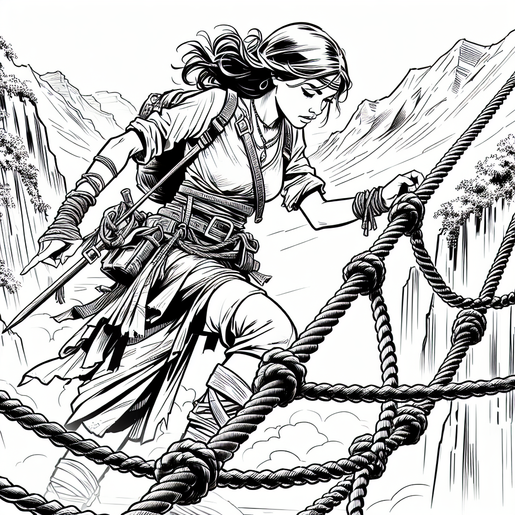 Coloring page of a woman treasure seeker, wilderness survivor crossing a rope bridge