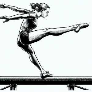 Coloring page of a young athlete, artistic gymnast balancing on a beam