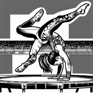 Coloring page of a young athlete, trampoline gymnast performing a handstand