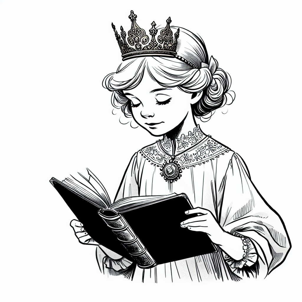 Coloring page of a young queen, charming leader reading an ancient book