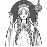 Coloring page of a young queen, kind ruler holding a scepter
