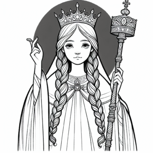 Coloring page of a young queen, kind ruler holding a scepter