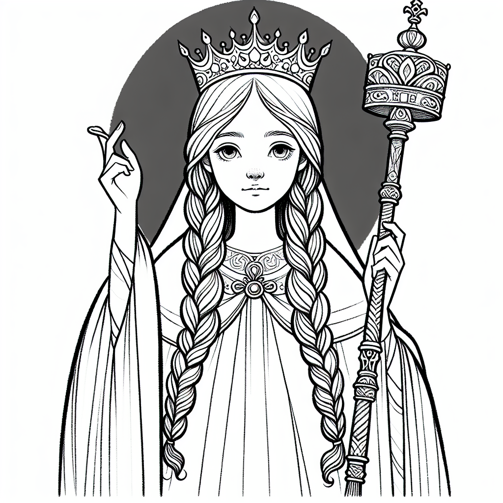 Coloring page of a young queen, kind ruler holding a scepter