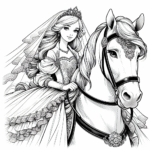 Coloring page of a young queen, royal beauty riding a white horse