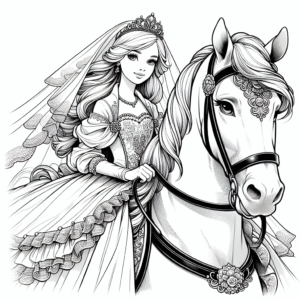 Coloring page of a young queen, royal beauty riding a white horse