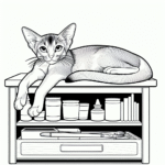 Page à colorier d’un chat abyssin, dormeur paresseux sautant sur une étagère