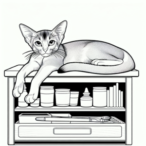 Coloring page of a Abyssinian cat, lazy napper jumping onto a shelf