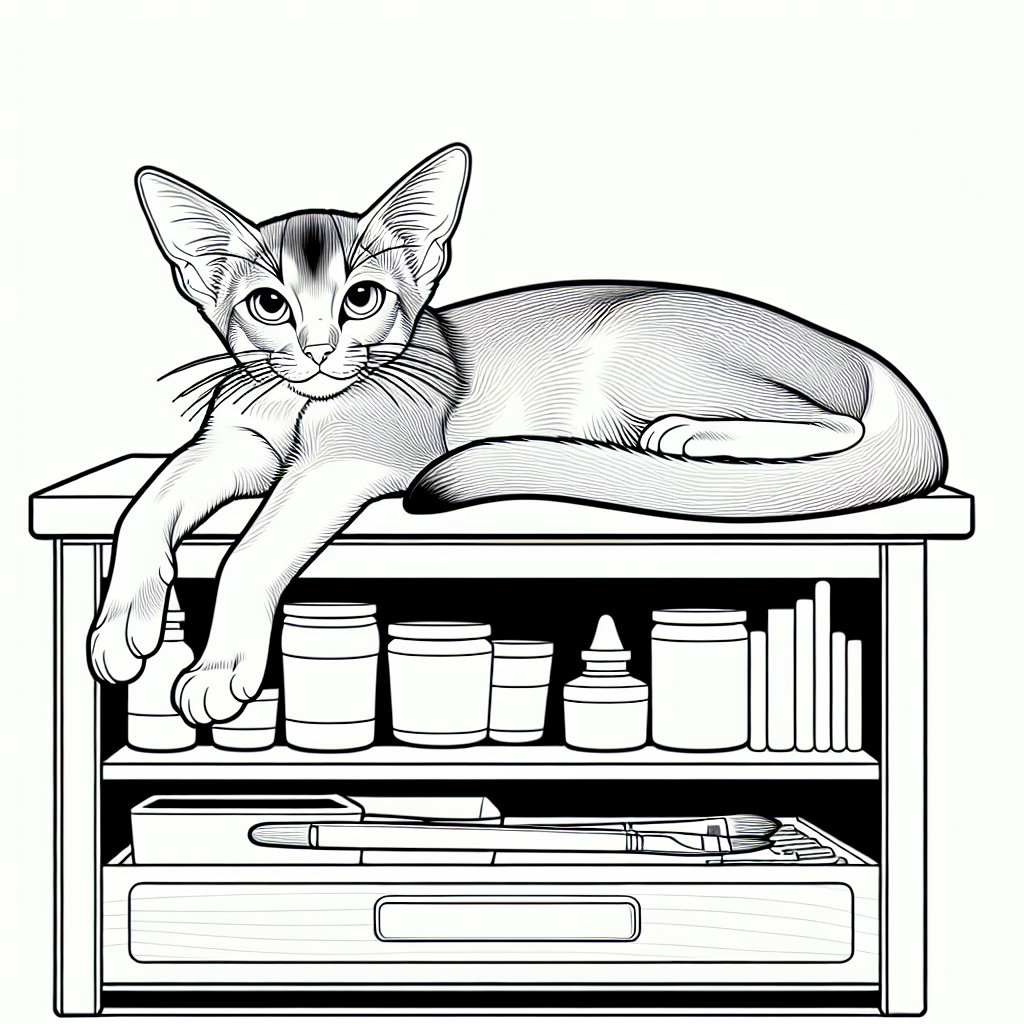 Coloring page of a Abyssinian cat, lazy napper jumping onto a shelf