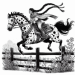 Page à colorier d’une cavalière Appaloosa, princesse guerrière fantastique sautant par-dessus une clôture