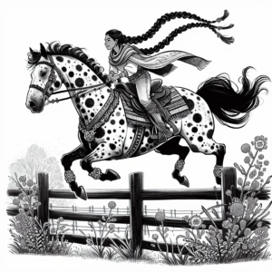Coloring page of a Appaloosa female rider, fantasy warrior princess jumping over a fence