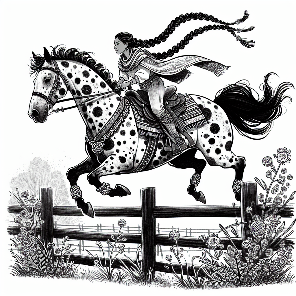 Page à colorier d'une cavalière Appaloosa, princesse guerrière fantastique sautant par-dessus une clôture