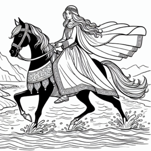 Coloring page of a Arabian horse girl riding a horse, medieval knightess crossing a river