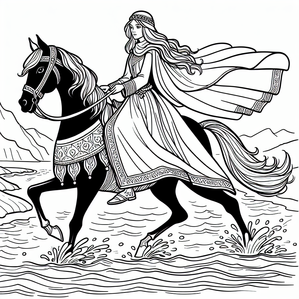 Coloring page of a Arabian horse girl riding a horse, medieval knightess crossing a river