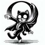 Coloring page of a black cat, costume wearer dancing under the moon