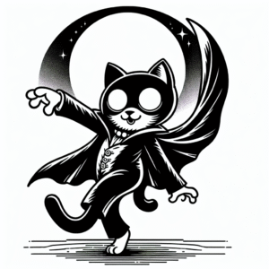 Coloring page of a black cat, costume wearer dancing under the moon