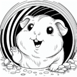 Page à colorier d’un cochon d’Inde, animal de compagnie espiègle sortant d’un tunnel