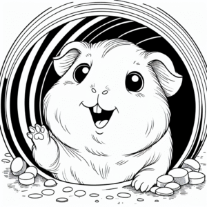Coloring page of a cavy, playful pet peeking from a tunnel