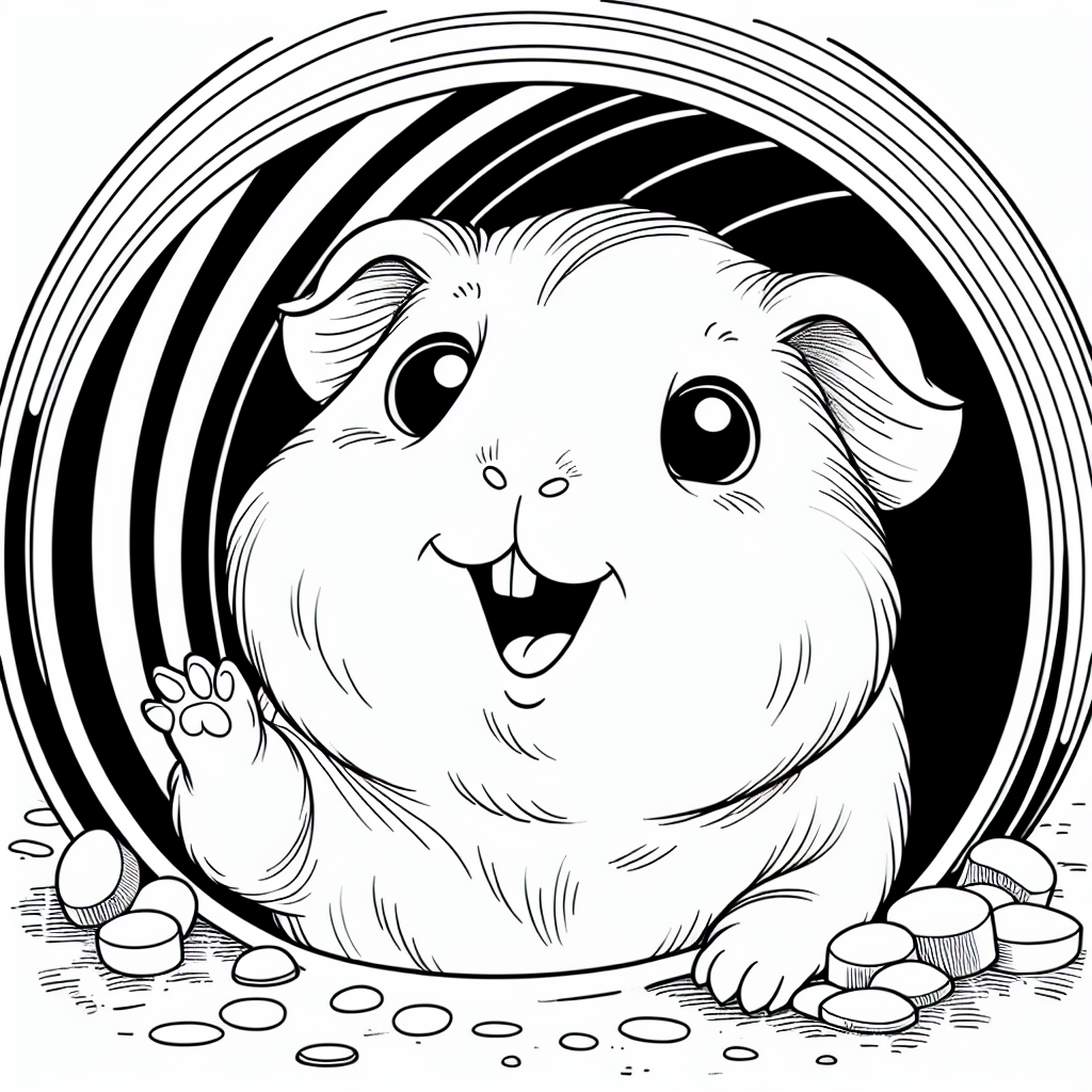 Coloring page of a cavy, playful pet peeking from a tunnel