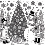 Coloring page of a Christmas tree, caroler building a snowman